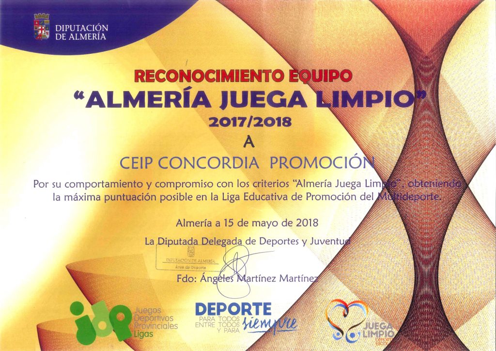 Diploma Almería Juega Limpio CEIP Concordia 2017/2018