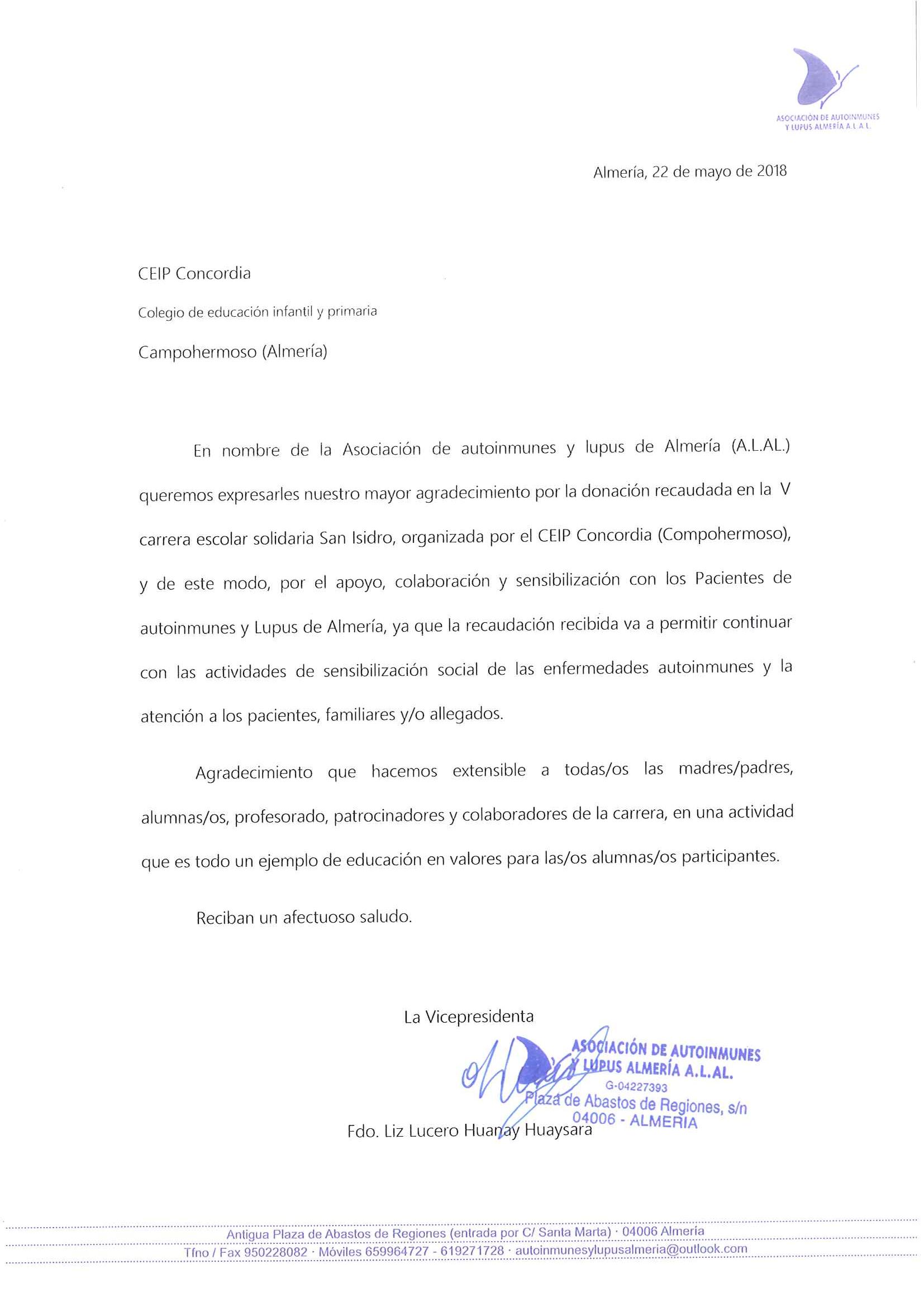 Carta de agradecimiento de ALAL