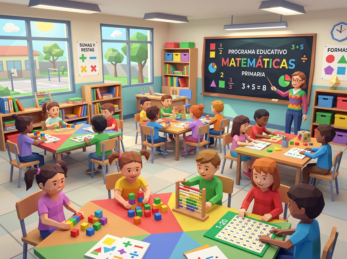 Primary school children learning math with blocks, abacus, and number charts in classroom